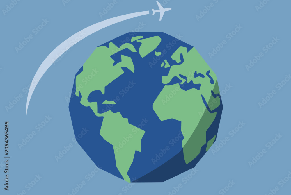Naklejka premium Stylized blue and green earth globe with an airplane flying on a curved path representing global travel and international aviation.