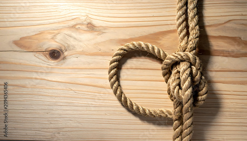 Foto Brown rope with a bowline knot.