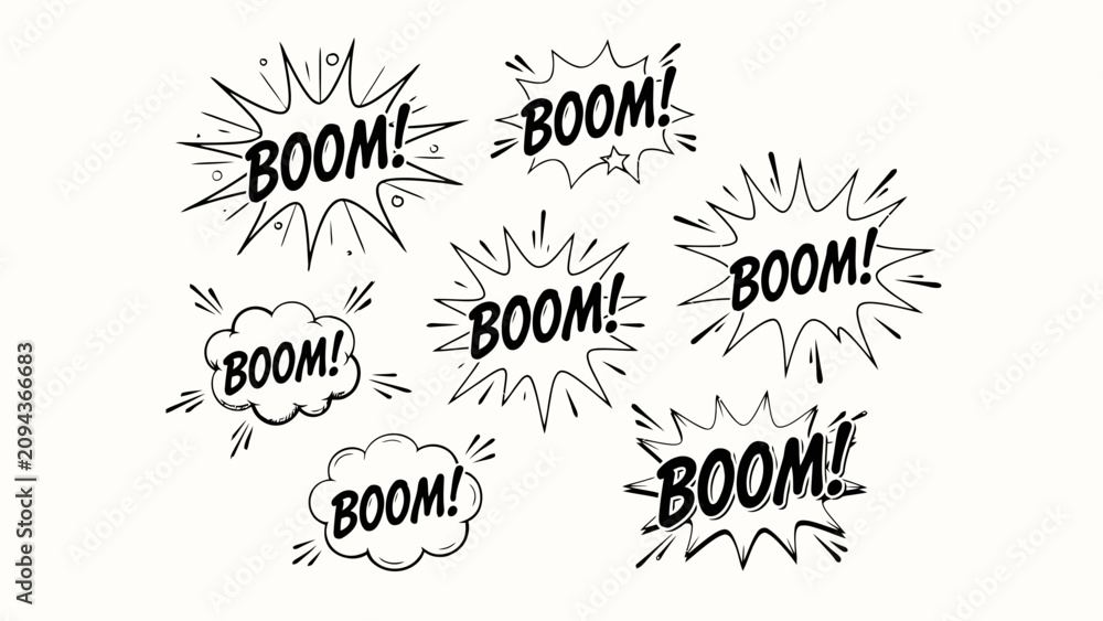 Fototapeta premium Collection of comic book style boom explosion speech bubbles and sound effects various shapes