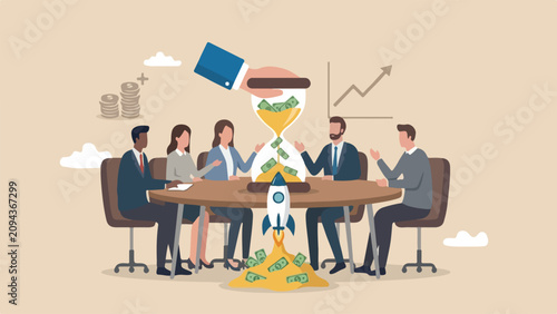 Bild auf Leinwand Time is money rocket meeting teams together from savings, salary growth or wage