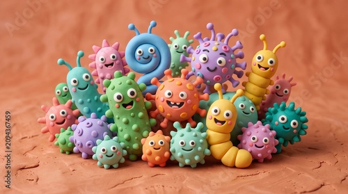 Colorful fantasy clay artwork of smiling microorgansims gathered on clay surface