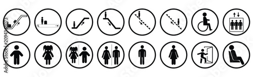 Public facility and accessibility icon set.Elevator, Escalator, Stairs, Restroom, Exit, Seating, and Wheelchair Symbols.