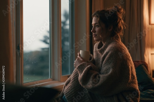 Candid shot of a young woman sitting by a large window soft m