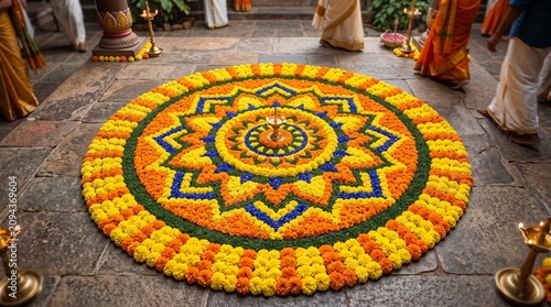 Colorful floral rangoli with diya centerpiece.