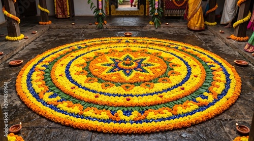 Colorful floral rangoli with diya centerpiece.