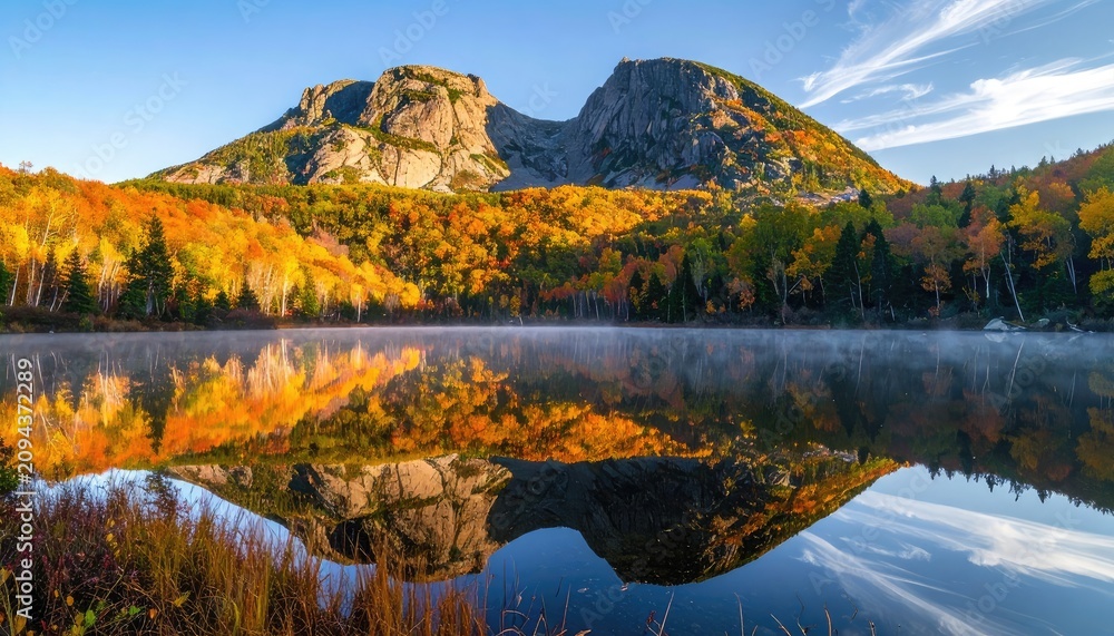 Fototapeta premium Majestic mountains reflect in a serene lake during autumn.