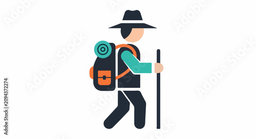 A stylized person with a backpack and hat hikes with a stick