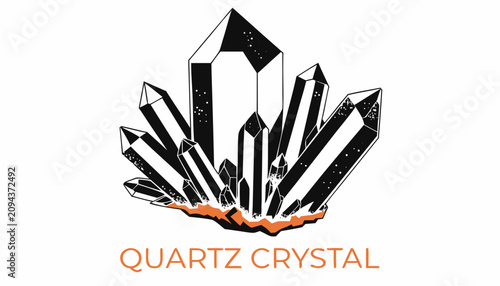 Принти на полотні Very beautiful black and white realistic vector illustration of a quartz crystal cluster featuring engraved crystal facets with a bold label reading QUARTZ CRYSTAL, isolated on white background