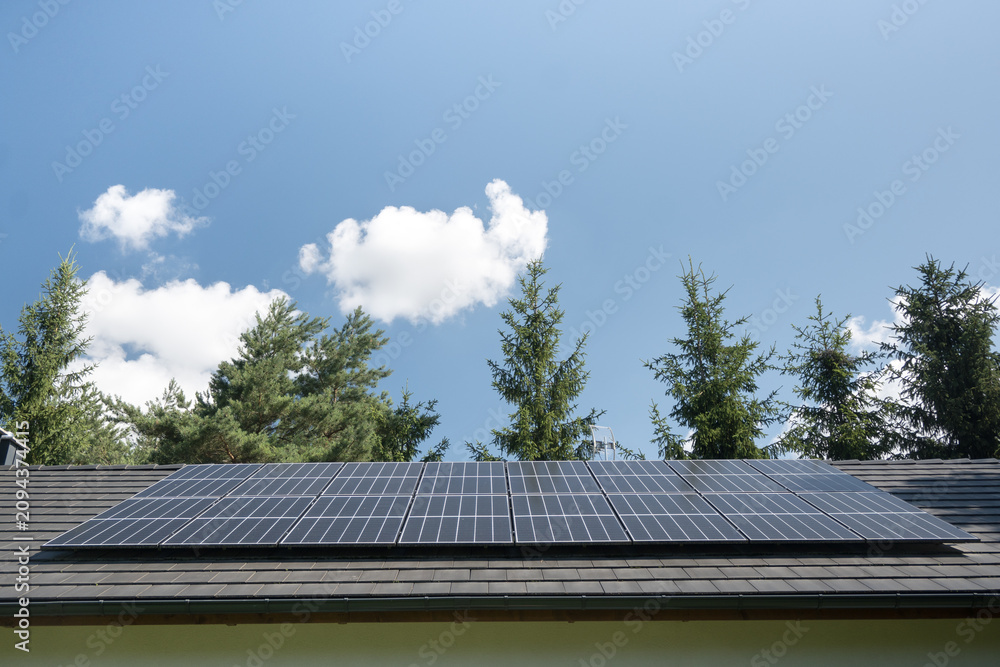 Fototapeta premium Photovoltaic panels on the house roof. Electricity generation. 