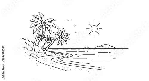 Minimalist beach scene with palm trees sea and sun line art illustration