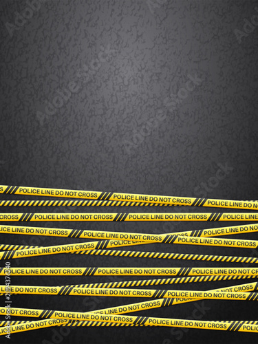 Police line tape on asphalt background. Vector illustration.