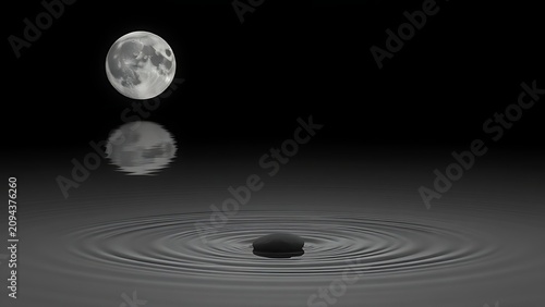 The moon's reflection on calm water shattered by ripples from a falling stone.