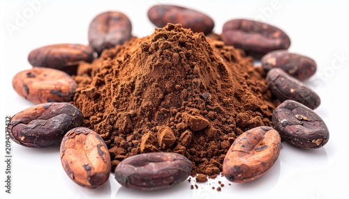 A detailed macro photograph focusing purely on raw organic cocoa beans clustered neatly around a raw cocoa powder pile, isolated on a white background.