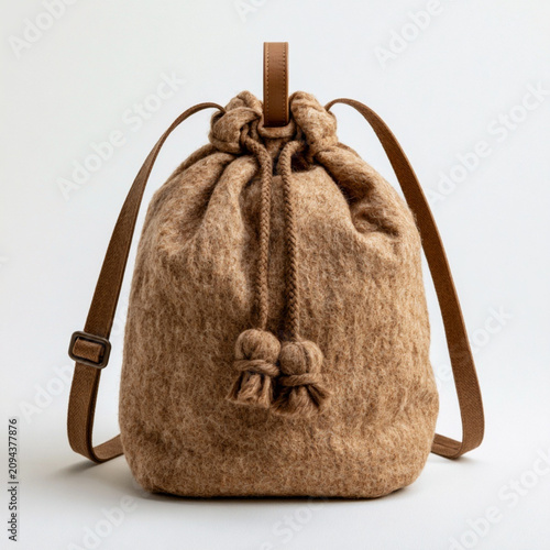 Cozy brown wool drawstring backpack isolated on white background