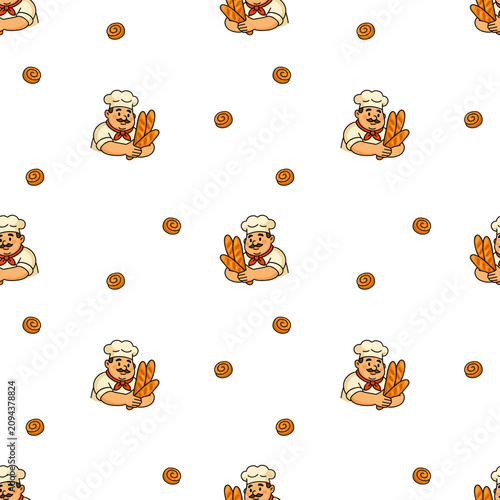 Smiling baker holding fresh bread in seamless bakery pattern, perfect for kids products, packaging