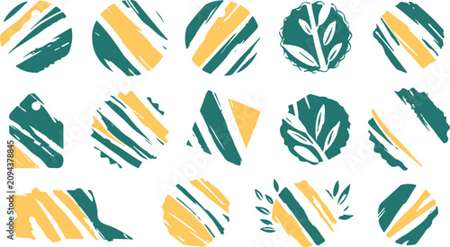 Fotografie A collection of organic, textured geometric badges and botanical stamps featuring yellow and teal brush strokes over a white background