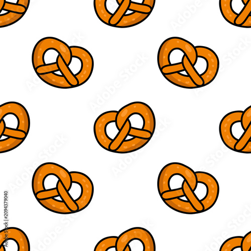 Soft pretzels seamless pattern scattered on white background, perfect for packaging, textile