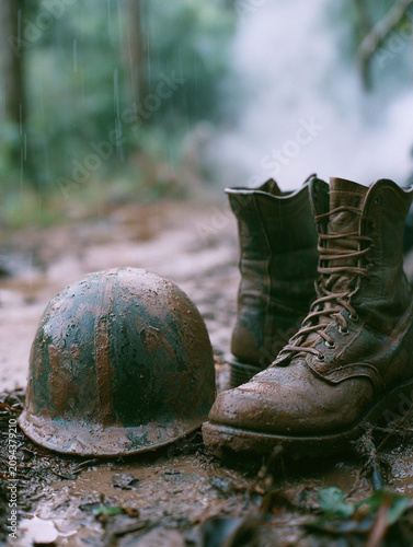 Close up of wet muddy army boots and combat helmet left in the rain