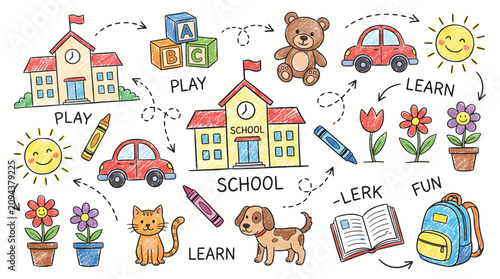 Hand Drawn School Doodles Kids Education Learning Crayon Illustration
