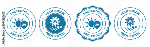 UV Protection Vector Icon Set, Ultraviolet Rays Sun Block Shield Stamp, Blue Round Sunscreen and Sunglasses Product Packaging Badge Collection