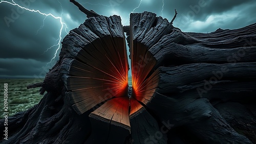 Ancient tree trunk severed by lightning, smooth cross-section in stormy landscape.