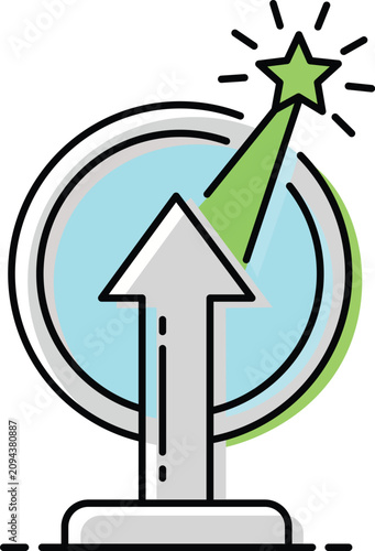 Upward pointing arrow with a glowing green star, circular background, and bold outline style