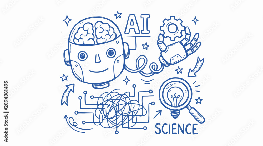 Fototapeta premium Artificial Intelligence AI Doodle Sketch Robot Brain Science Concept