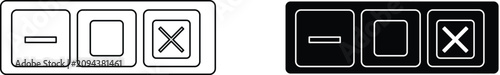 Window control buttons, minimize, maximize, and close in outline and solid black styles