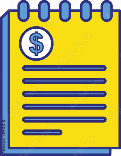 Yellow notepad with a blue dollar sign symbol and horizontal lines, flat notebook