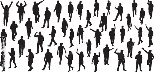 Silhouettes men and women in various poses, including standing, walking, and waving, used as design elements in architecture, urban planning, and graphic design to represent scale and crowd movement. 