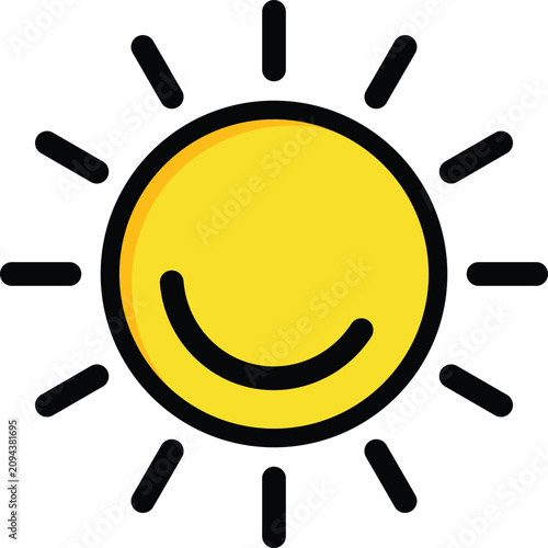 Yellow sun with a smiling face, thick black outlines and radiating rays on white background