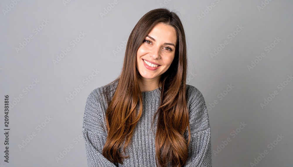 Obraz premium An attractive Caucasian woman with long brown hair, wearing a casual grey sweater, smiling warmly and confidently at the camera against a neutral background.