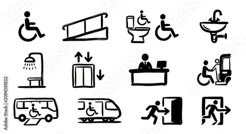 Collection of accessibility symbols and icons for public spaces.
