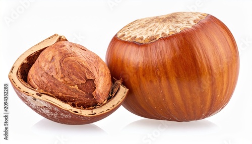 Nut filberts and kernel: A whole brown filbert nut next to a cracked shell and a fresh raw hazelnut kernel, isolated on white.