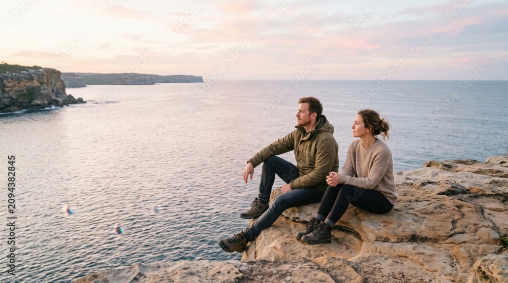 Fototapeta premium Couple resting on cliff above calm sea
