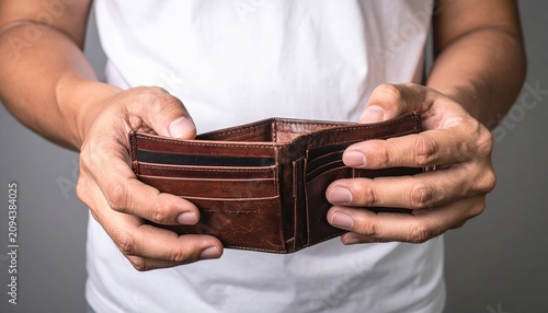 A Poignant studio shot of a man (hands only visible) holding open a worn brown leather wallet, clearly showing it is completely empty with no cash inside.