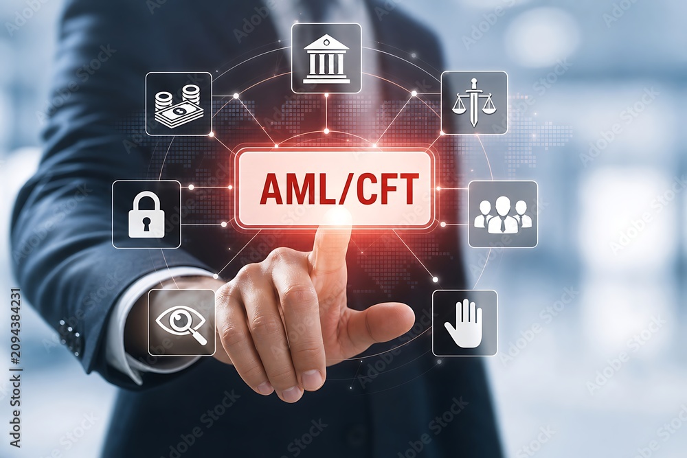 Obraz premium Businessman pressing a virtual button for aml and cft compliance and financial security