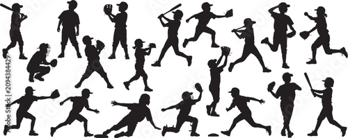 Kids Baseball Player Silhouette Collection, in Various Poses Batting Swing Action and Hitting Poses, Vector