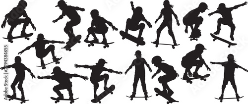Silhouettes of kids skateboarding set, in deferent posses, vector
