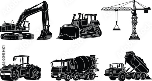 Cuadro en lienzo Heavy Construction Machinery Silhouette Set Featuring Excavator, Bulldozer, Towe