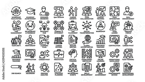 Black line icons for business and career development concepts on white background