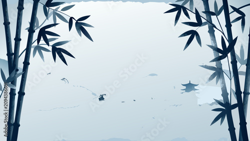 Принти на полотні Bamboo stalks and cranes in a traditional ink wash style painting