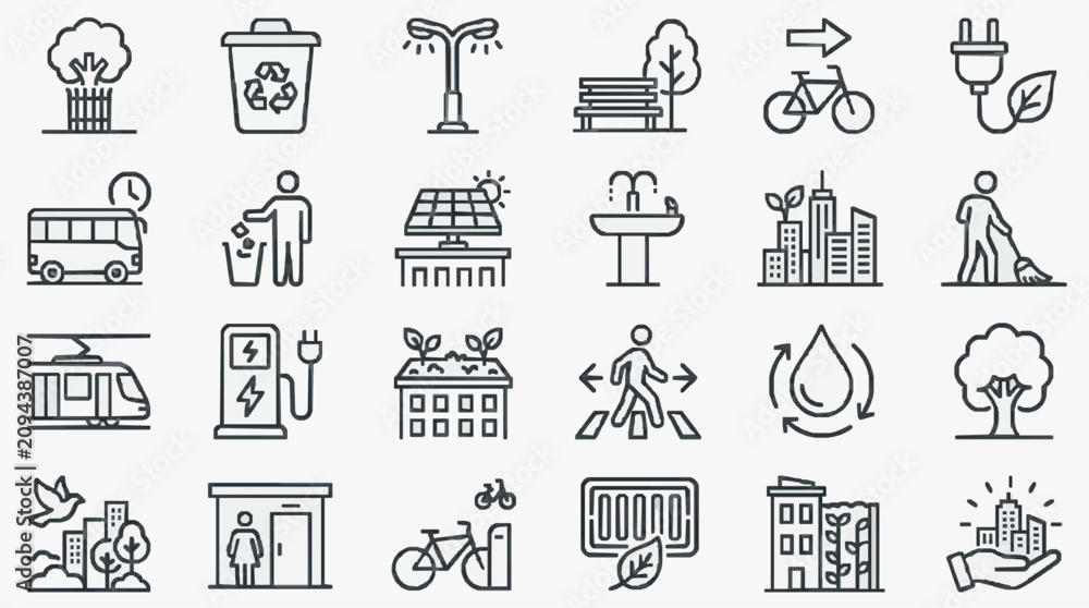 Fototapeta premium Sleek Black and White Line Icons Set Featuring Urban Sustainability Eco Friendly Living and Smart City Elements