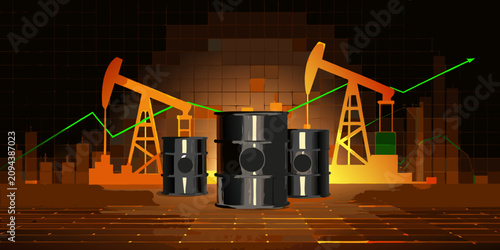 Cuadro en lienzo Oil Barrels And Pumpjacks With Rising Stock Chart Vector Illustration
