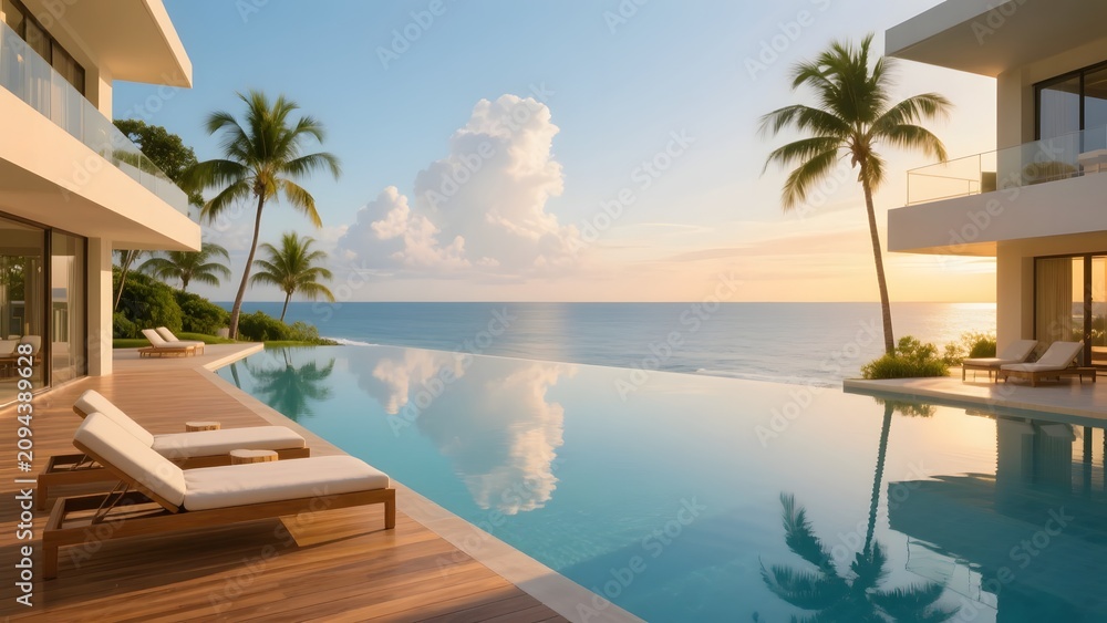 Fototapeta premium Luxury Infinity Pool Design at Tropical Resort with Panoramic Ocean View, Modern Architecture, Premium Hotel Swimming Pool