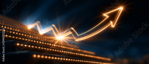 Upward Trend: A glowing orange arrow graph charts a steep ascent over illuminated steps, symbolizing growth, progress, and financial success.