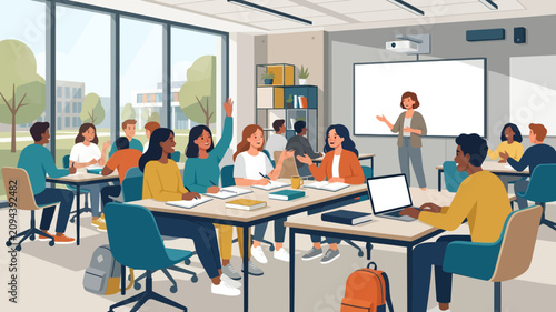 Diverse group of students and an instructor engaging in a collaborative classroom workshop.