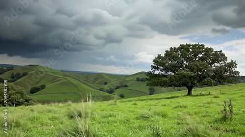 Lush Green Rolling Hills Under a Dramatic Cloudy Sky with a Solitary Tree