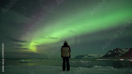 Man Watching Green Aurora Borealis Over Snowy Landscape in Iceland Night Sky