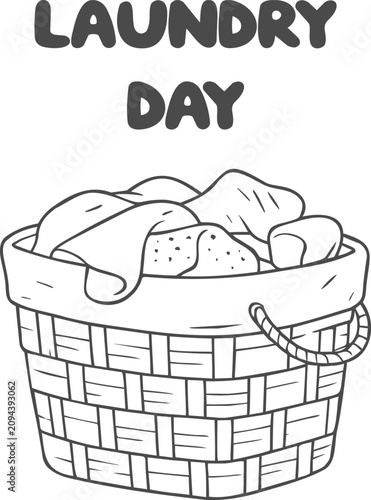 Laundry day basket filled with clothes in hand drawn outline style, perfect for home organization, laundry service promotion